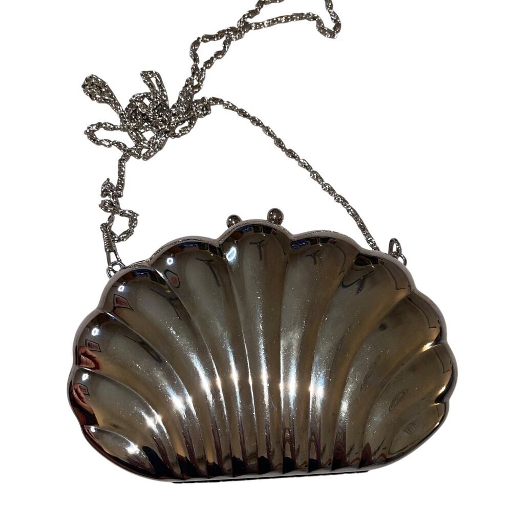 Vintage Womens Purse Clutch Bag Silver Tone Metal Clam Shell Hideable Chain